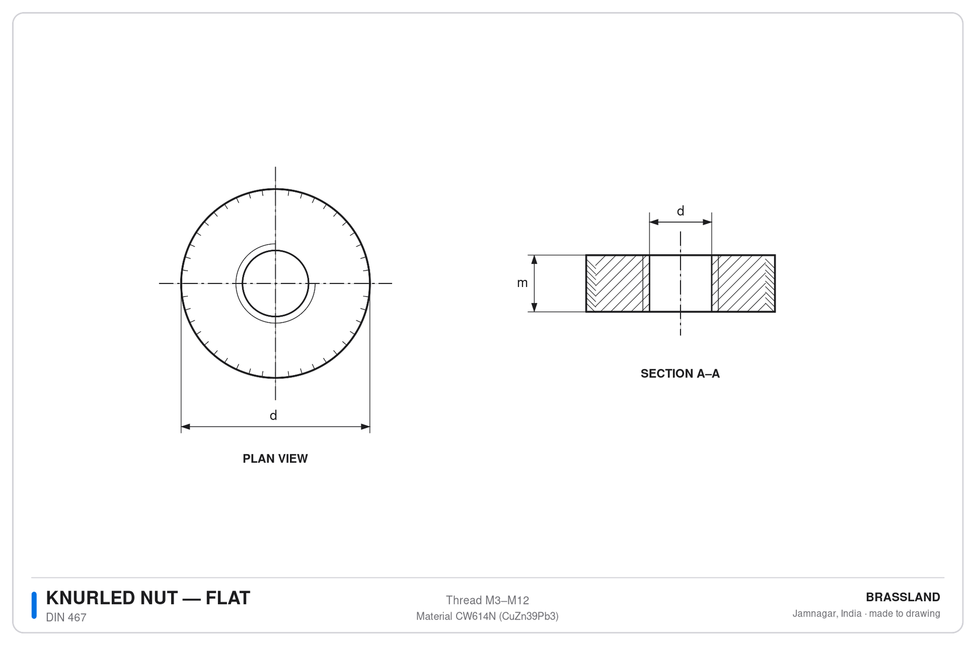 DIN 467 flat knurled thumb nut engineering drawing