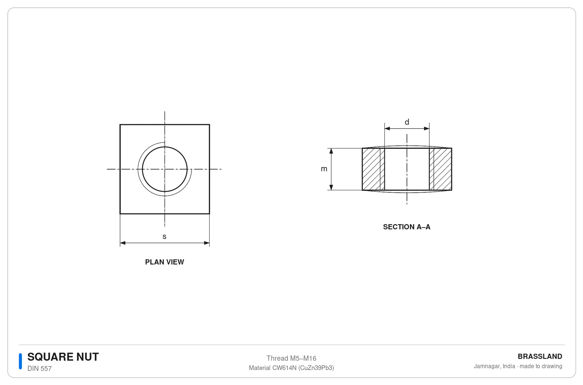DIN 557 square nut engineering drawing