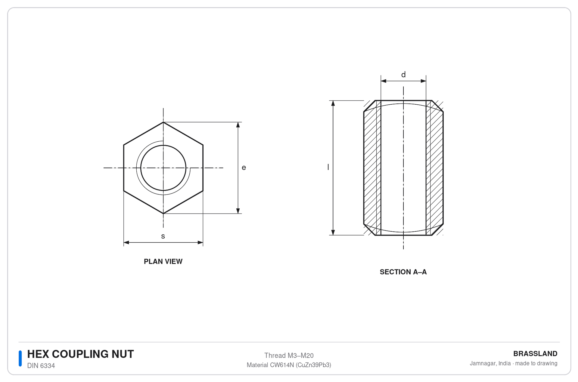 DIN 6334 hex coupling long nut engineering drawing