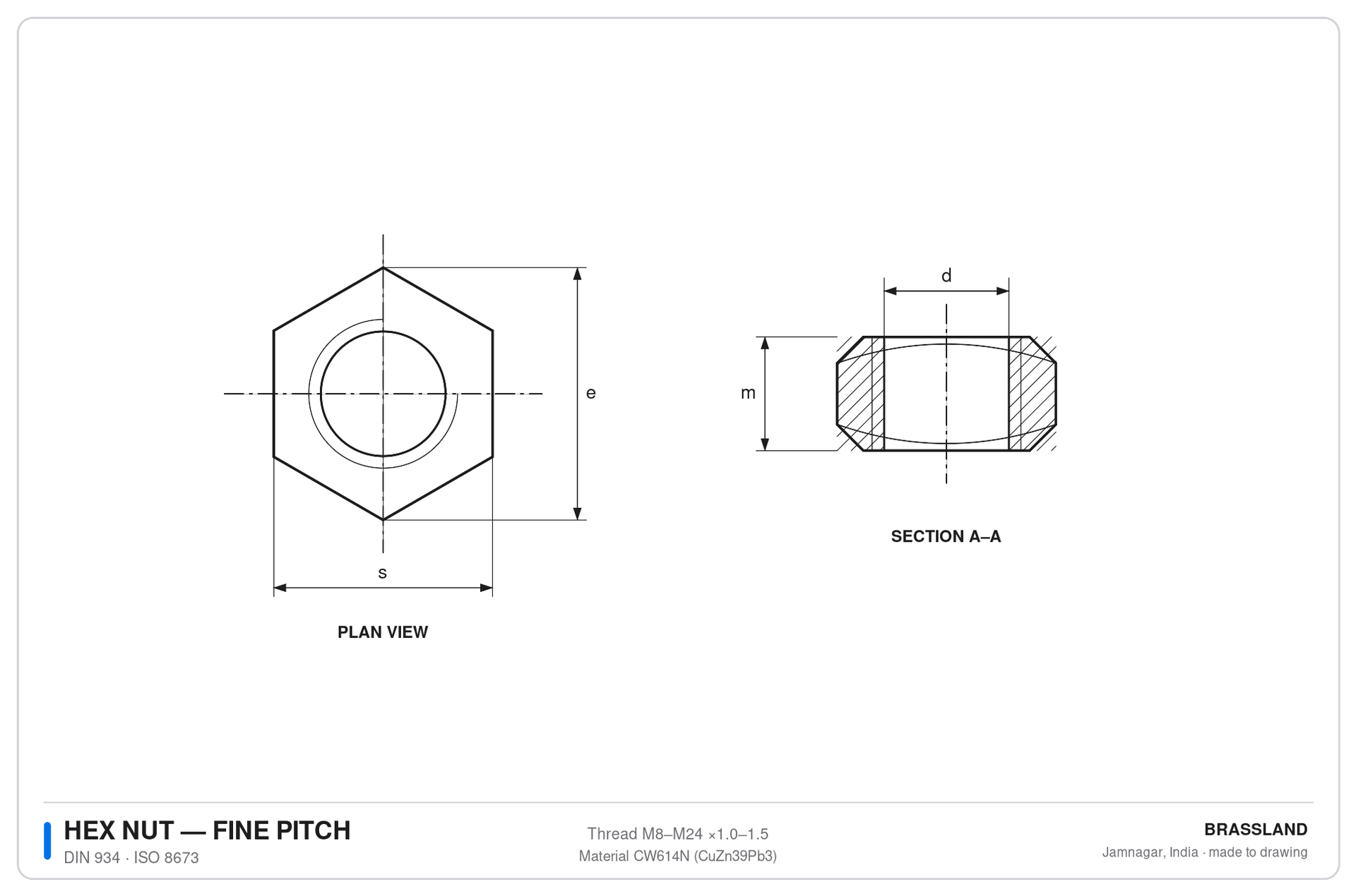 ISO 8673 fine pitch hex nut engineering drawing