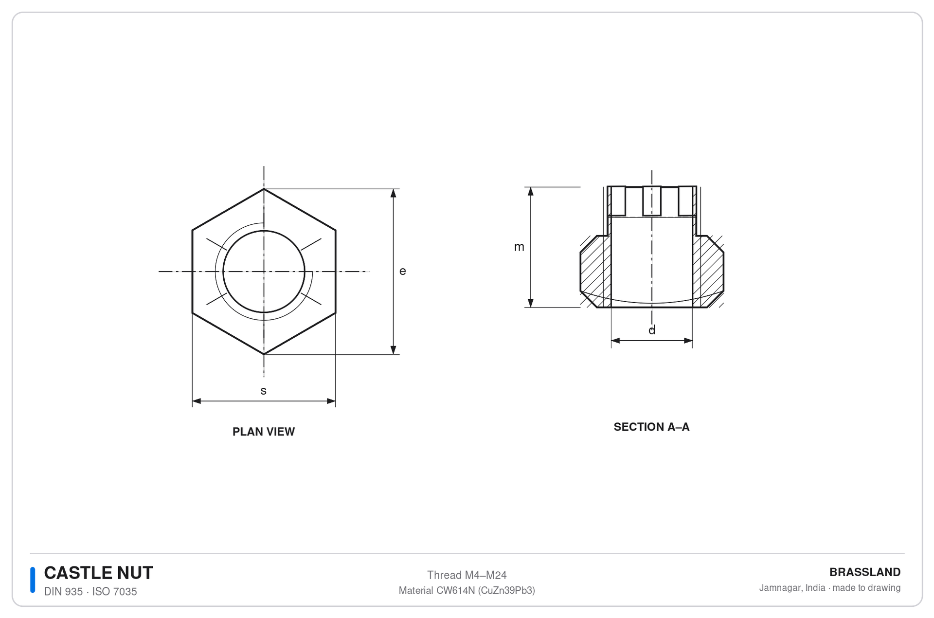 DIN 935 slotted castle nut engineering drawing