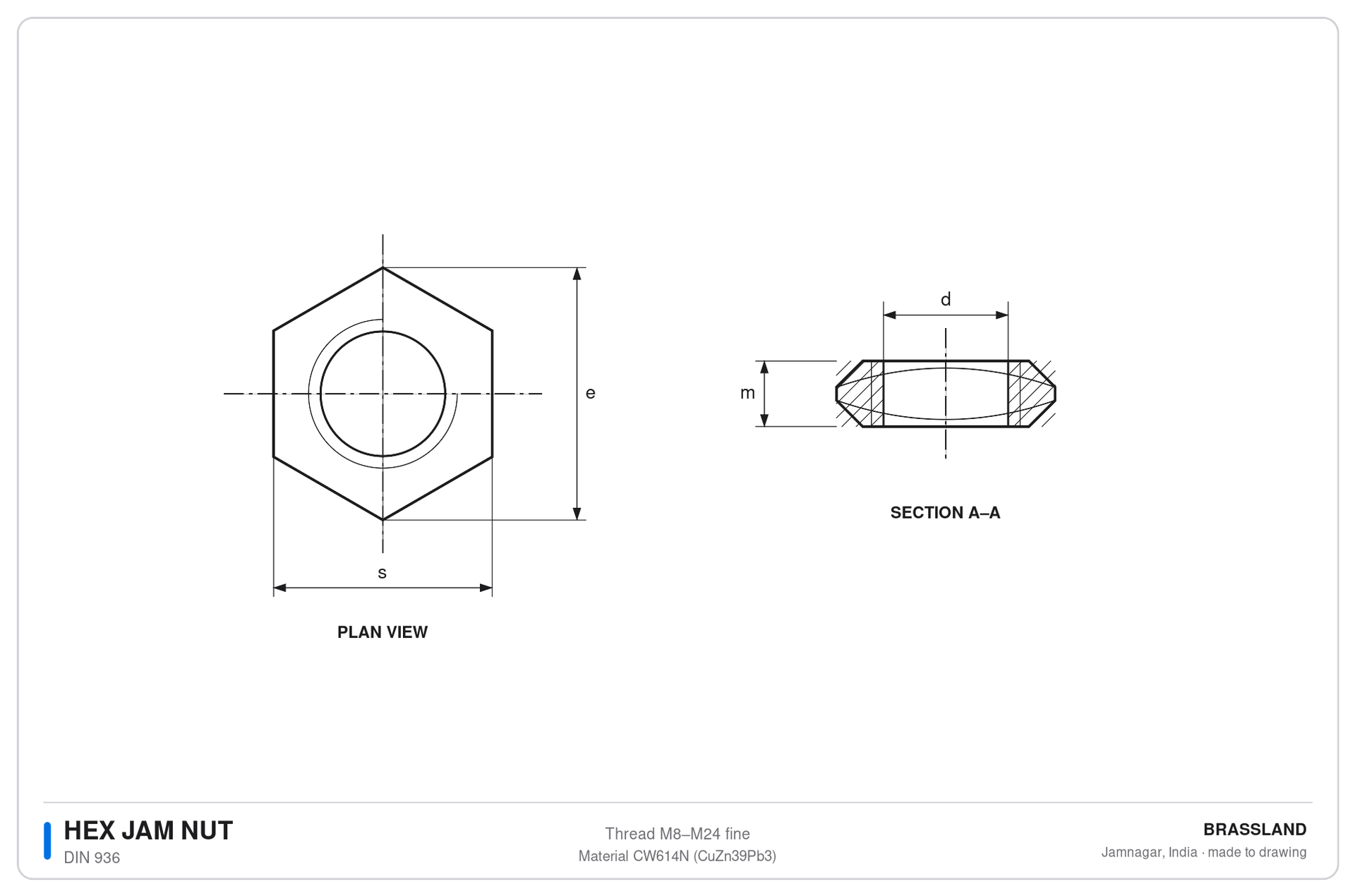DIN 936 thin hex jam nut engineering drawing