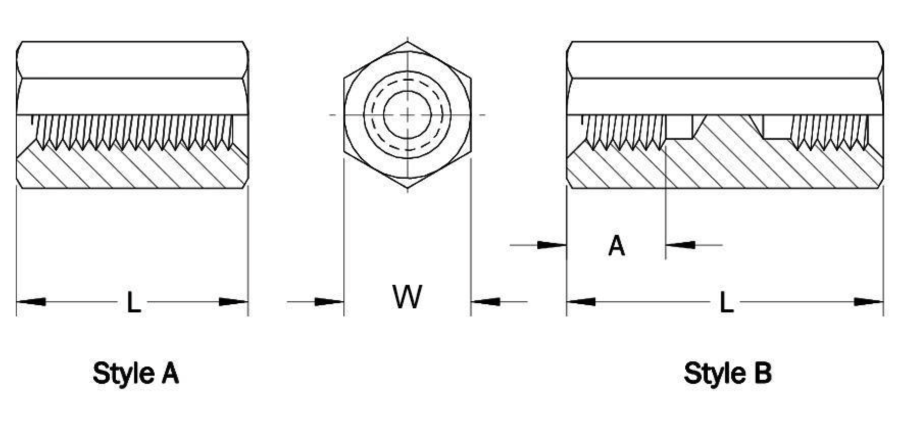 Brassland brass hex standoff Female-Female — engineering drawing showing thread A, body length L, across-flats W (Style A and Style B variants)