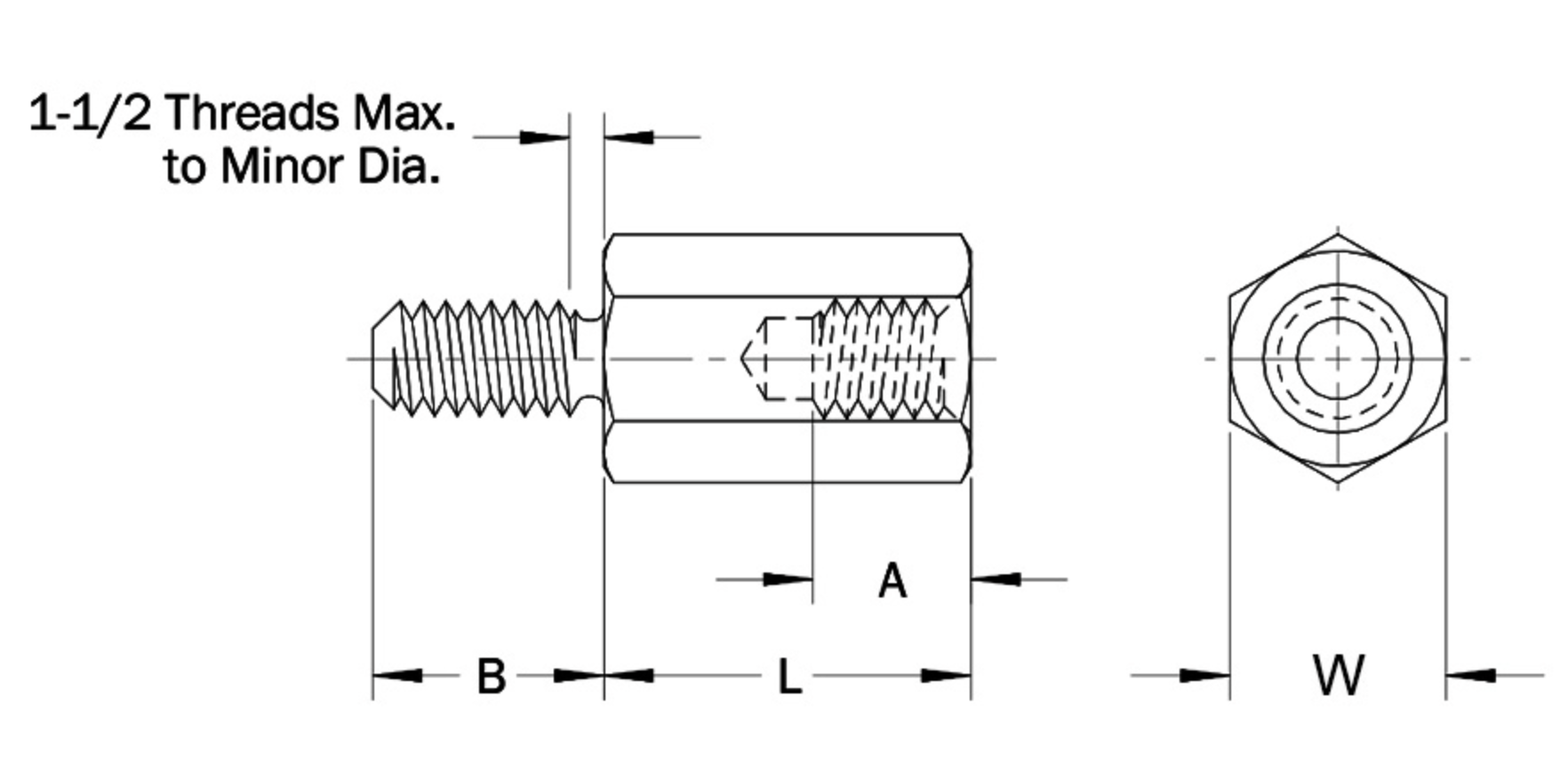 Brassland brass hex standoff Male-Female — engineering drawing showing thread A, body length L, male shaft B and across-flats W dimensions