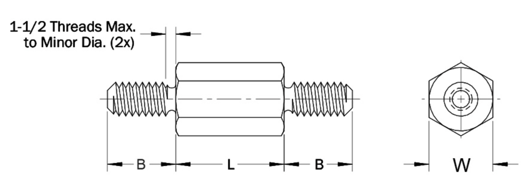 Brassland brass hex standoff Male-Male — engineering drawing showing male shafts B, central body length L and across-flats W