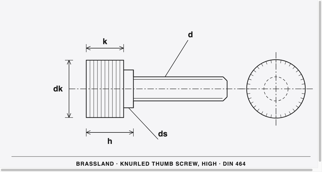 DIN 464 brass knurled thumb screw — dimensioned drawing (Brassland)
