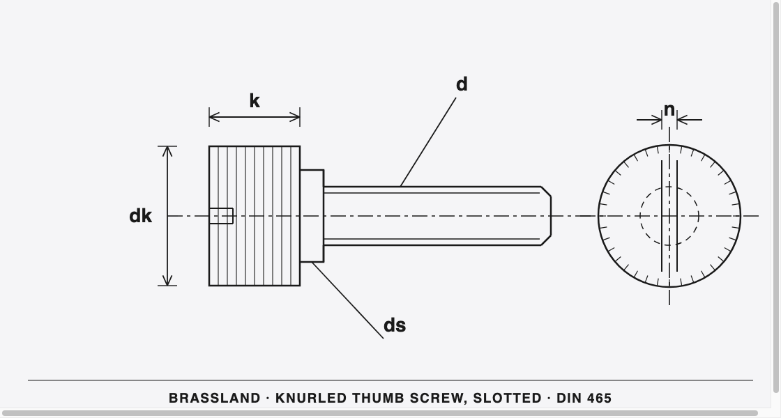 DIN 465 Brass Slotted Knurled Thumb Screw &mdash; dimensioned engineering drawing