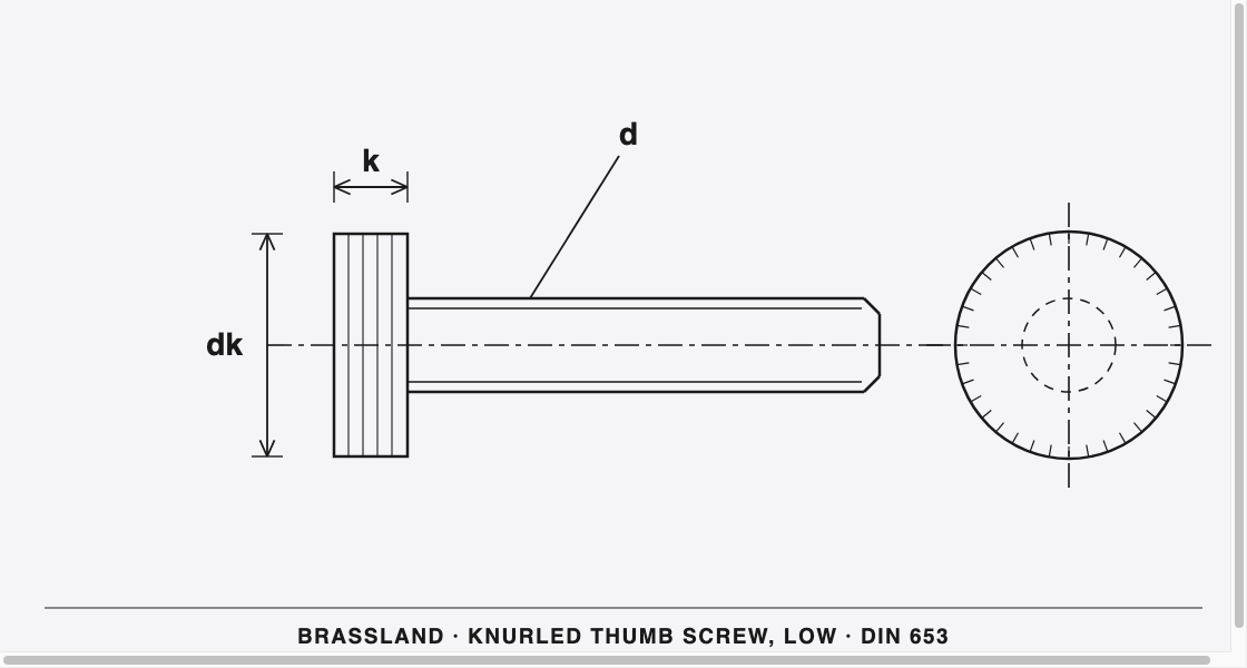 DIN 653 Brass Knurled Thumb Screw (Low) &mdash; dimensioned engineering drawing