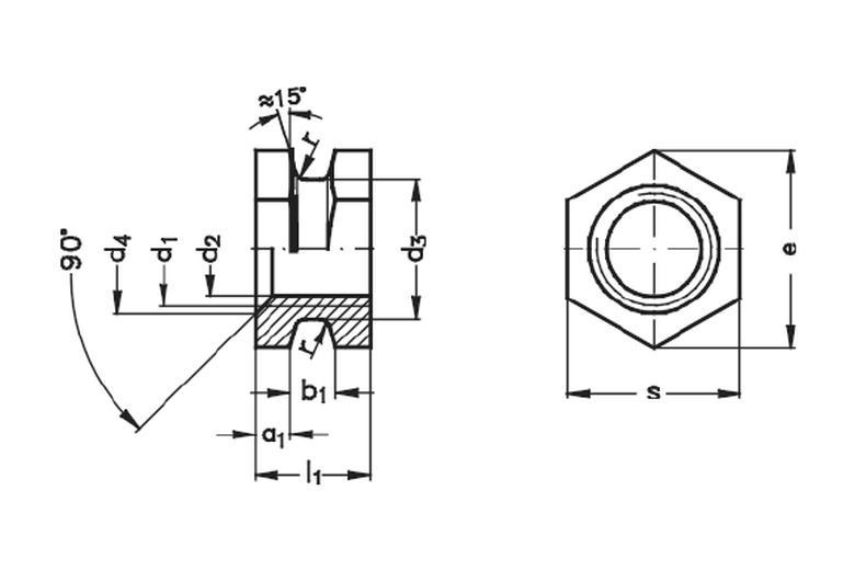 Brassland brass moulding insert DIN 16903 Form A — hexagonal body, no shoulder (6-kant ohne Ansatz) engineering drawing