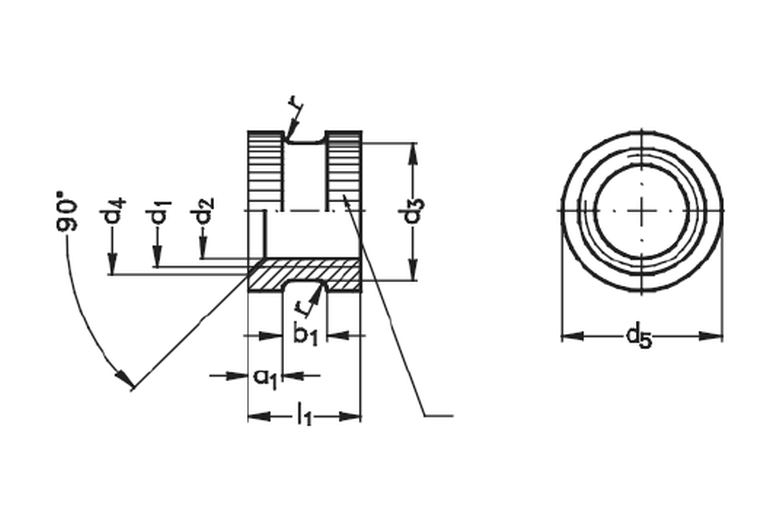 Brassland brass moulding insert DIN 16903 Form B — round body, no shoulder (rund ohne Ansatz) engineering drawing