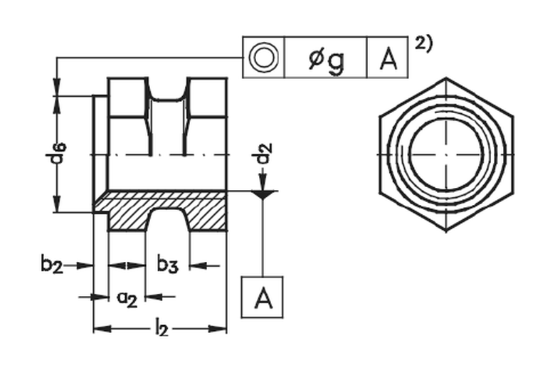 Brassland brass moulding insert DIN 16903 Form C — hexagonal body with locating shoulder (6-kant mit Ansatz) engineering drawing