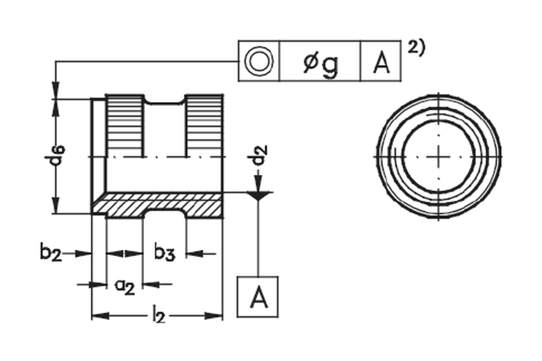 Brassland brass moulding insert DIN 16903 Form D — round body with locating shoulder (rund mit Ansatz) engineering drawing