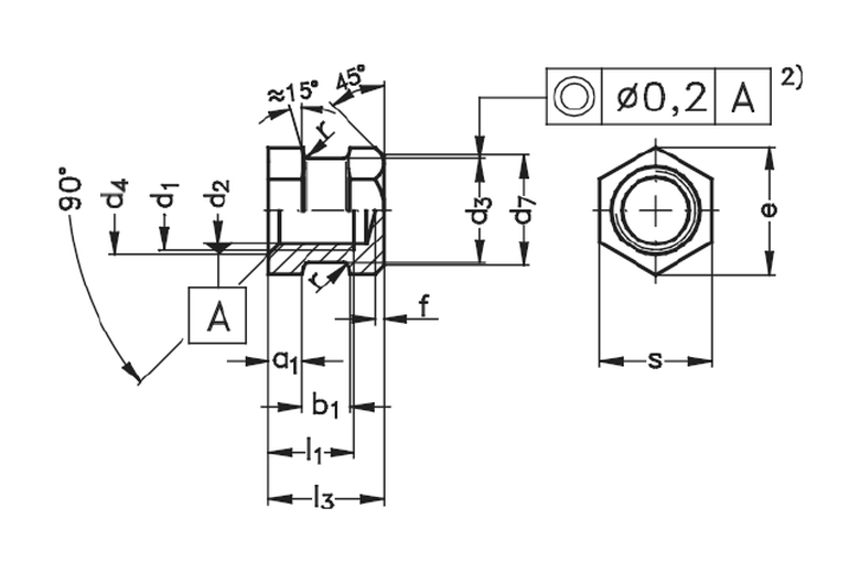 Brassland brass moulding insert DIN 16903 Form E — hexagonal body with bottom collar, no top shoulder engineering drawing