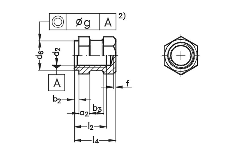 Brassland brass moulding insert DIN 16903 Form G — hexagonal body with bottom collar and top locating shoulder engineering drawing