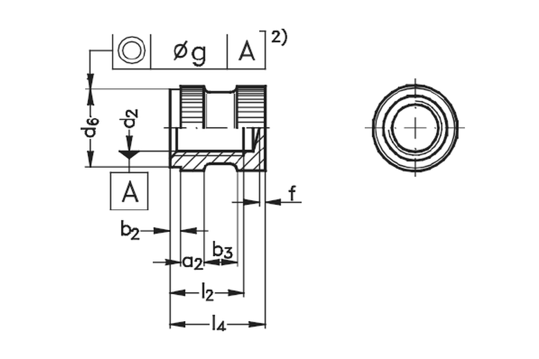 Brassland brass moulding insert DIN 16903 Form H — round body with bottom collar and top locating shoulder engineering drawing