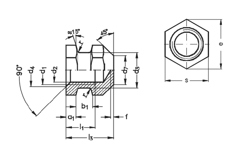 Brassland brass moulding insert DIN 16903 Form P — hexagonal body with anti-rotation slot, no shoulder engineering drawing