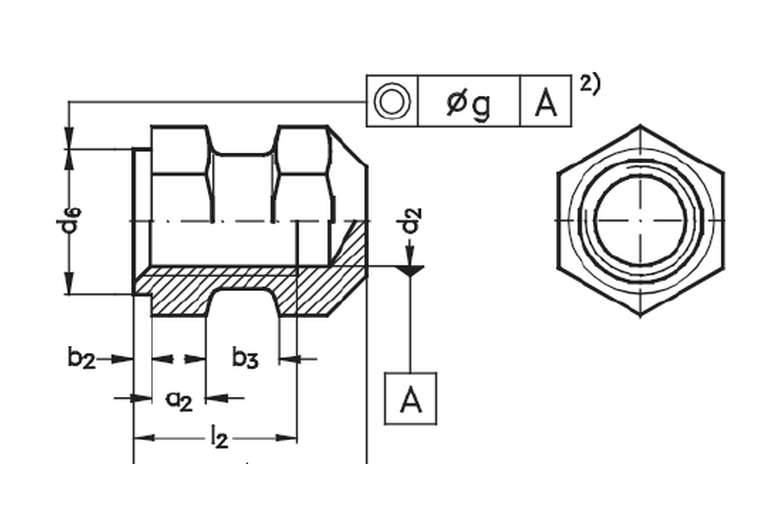 Brassland brass moulding insert DIN 16903 Form R — hexagonal body with anti-rotation slot and top locating shoulder engineering drawing