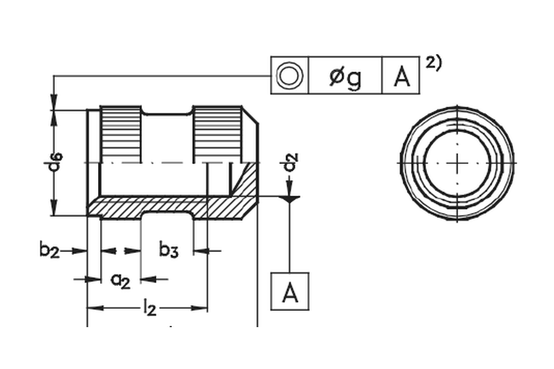 Brassland brass moulding insert DIN 16903 Form S — round body with anti-rotation slot and top shoulder engineering drawing