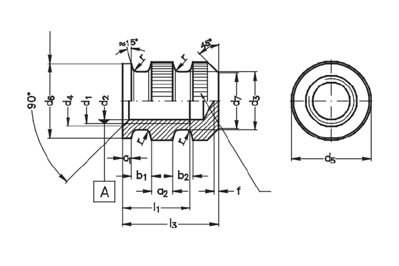 Brassland brass moulding insert DIN 16903 Form T — closed heavy construction, shorter body M2 to M6 engineering drawing