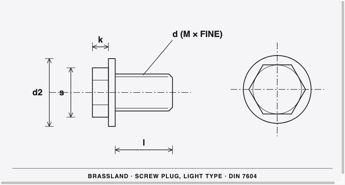 DIN 7604 Brass Screw Plug (Light Type) &mdash; dimensioned engineering drawing