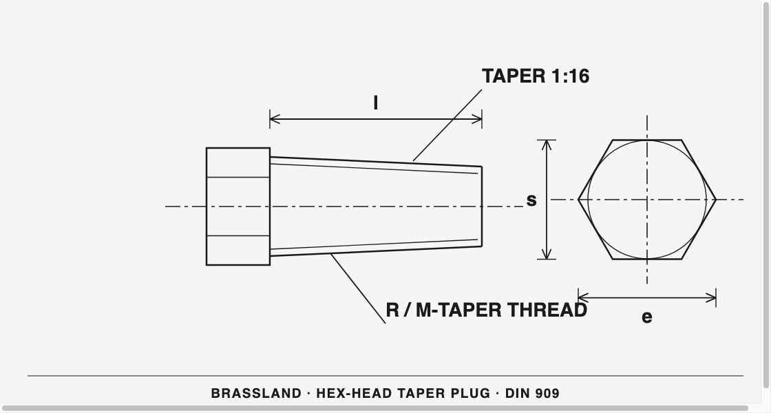 DIN 909 Brass Hex-Head Taper Plug &mdash; dimensioned engineering drawing