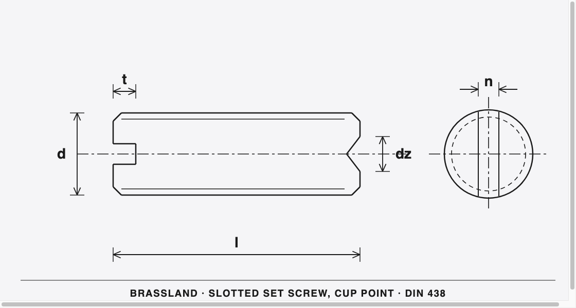 DIN 438 Brass Slotted Set Screw (Cup Point) &mdash; dimensioned engineering drawing