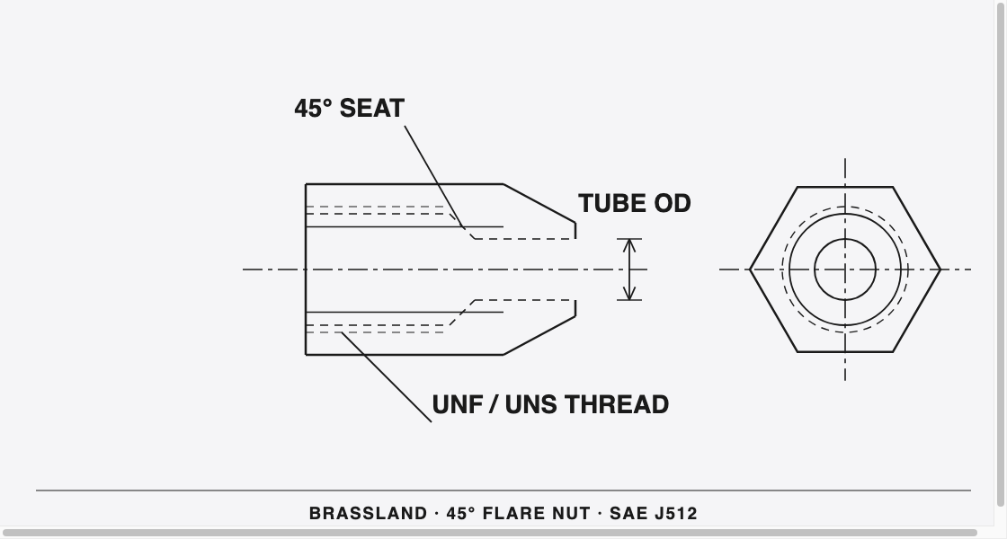 SAE 45&deg; Flare Brass Nuts &mdash; dimensioned engineering drawing